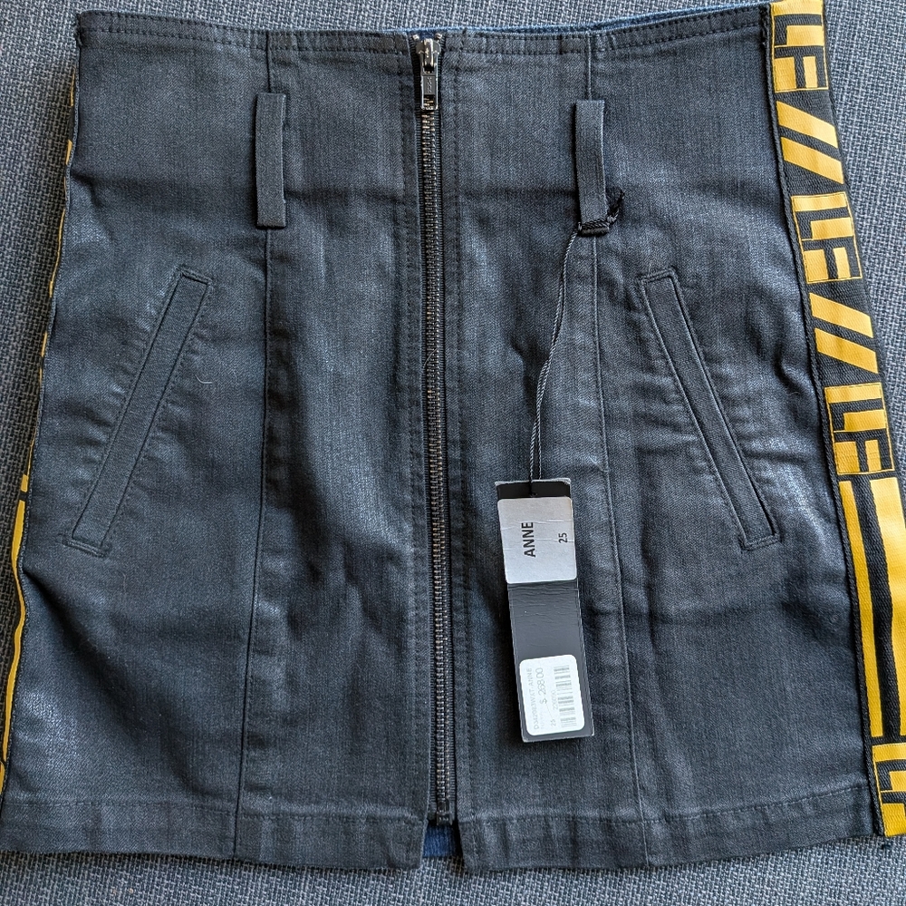 NWT LF Stores ANNE Coated Denim Mini Skirt - Logo Racing Tape - Sz 25